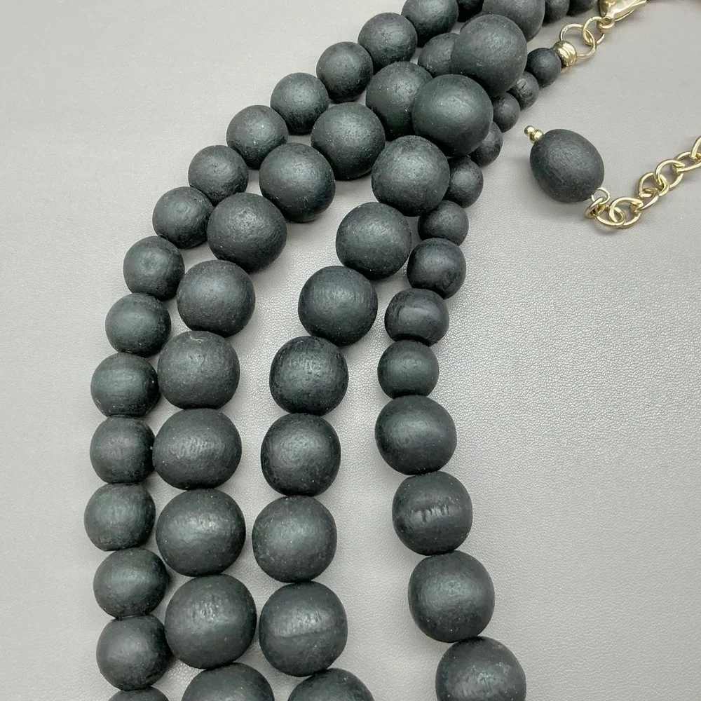 Chico's Necklace Black Wood Bead Multi Strand Layered Statement Gold Tone Boho